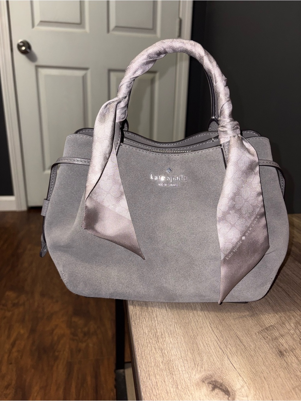kate spade Suede Gray Satchel with Scarf-Wrapped Handle